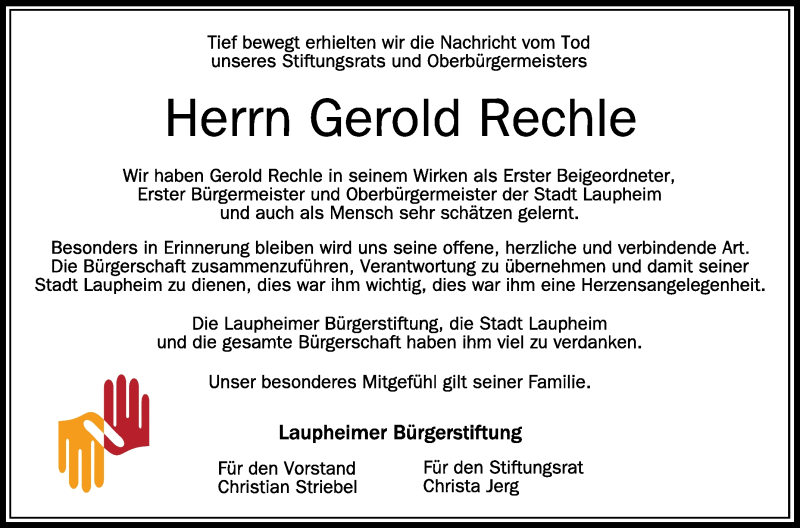  Traueranzeige für Gerold Rechle vom 30.12.2021 aus Schwäbische Zeitung