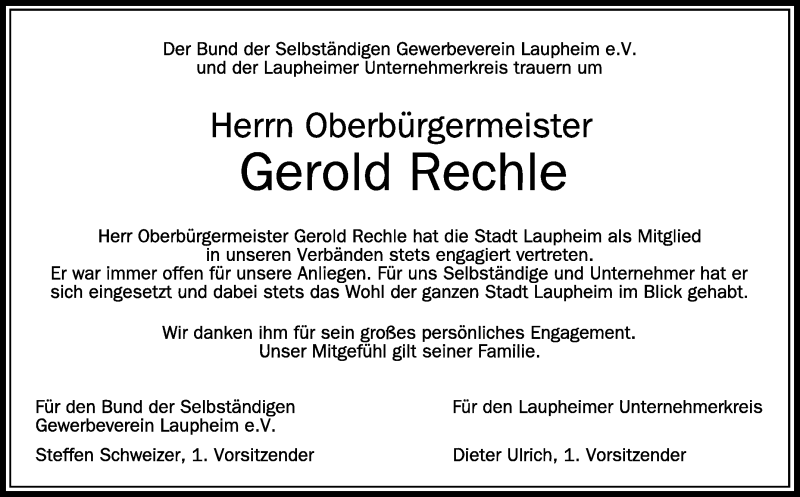  Traueranzeige für Gerold Rechle vom 31.12.2021 aus Schwäbische Zeitung