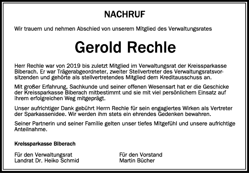  Traueranzeige für Gerold Rechle vom 30.12.2021 aus Schwäbische Zeitung