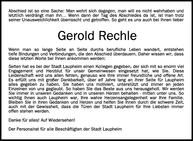  Traueranzeige für Gerold Rechle vom 30.12.2021 aus Schwäbische Zeitung