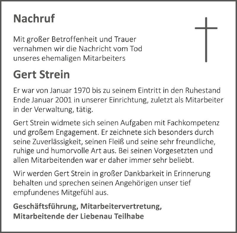  Traueranzeige für Gert Strein vom 01.12.2021 aus Schwäbische Zeitung