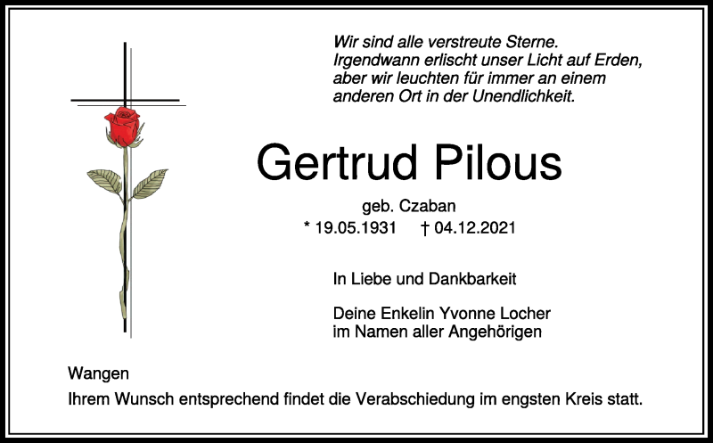  Traueranzeige für Gertrud Pilous vom 08.12.2021 aus Schwäbische Zeitung