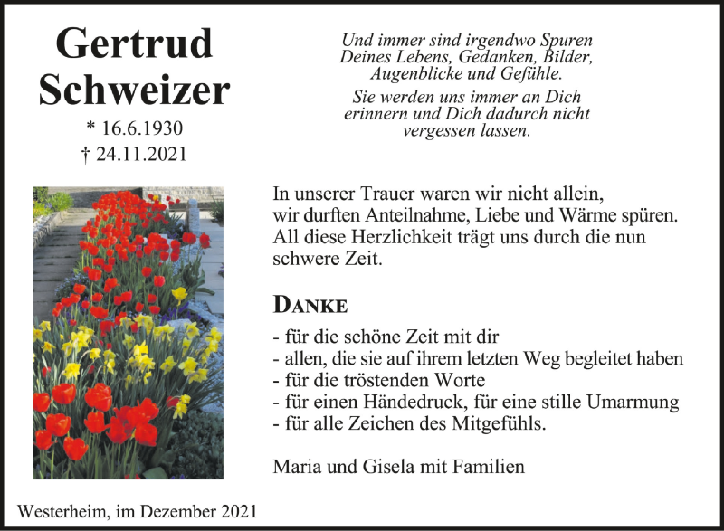  Traueranzeige für Gertrud Schweizer vom 21.12.2021 aus Schwäbische Zeitung