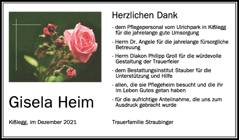  Traueranzeige für Gisela Heim vom 11.12.2021 aus Schwäbische Zeitung