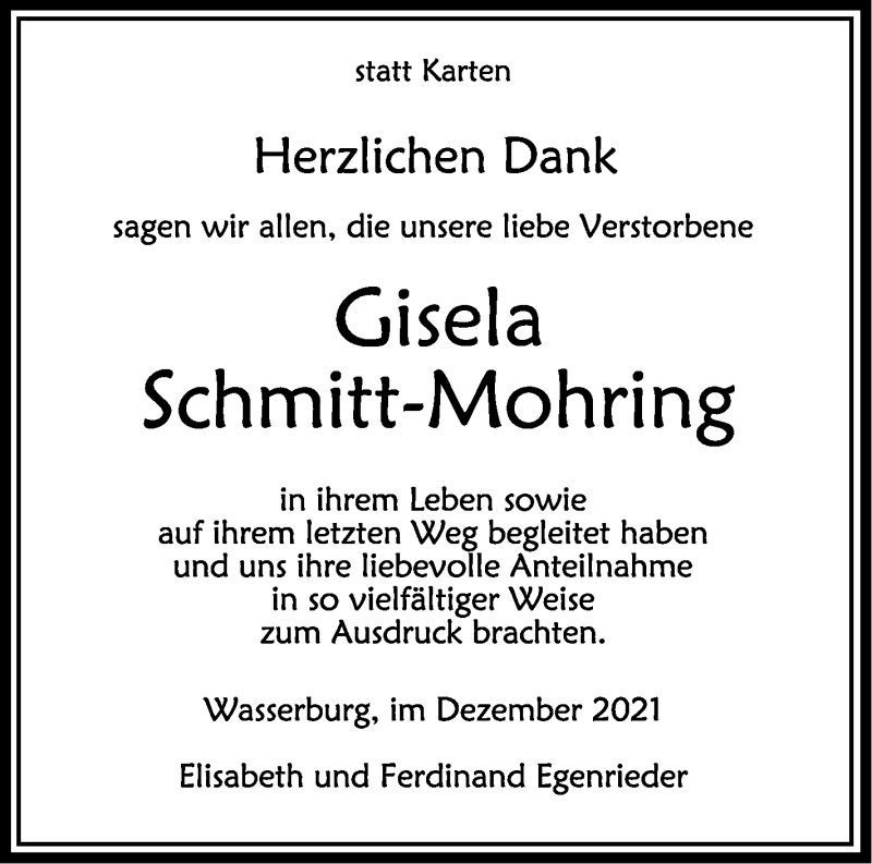  Traueranzeige für Gisela Schmitt-Mohring vom 22.12.2021 aus Schwäbische Zeitung