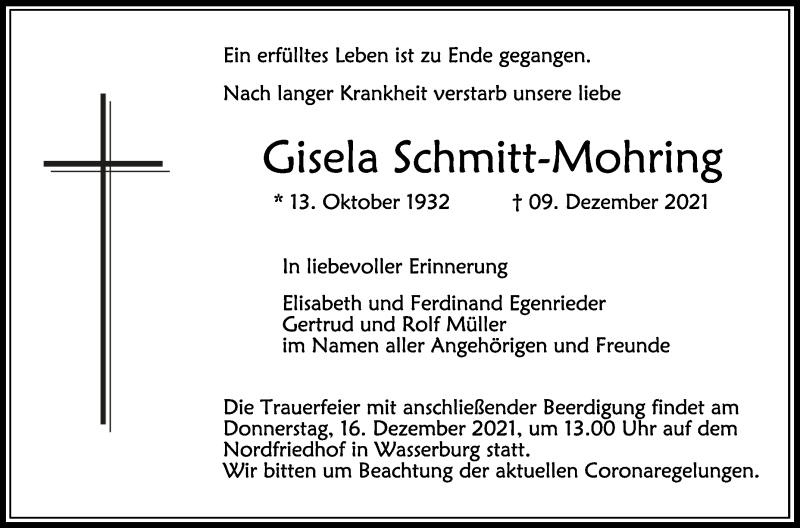  Traueranzeige für Gisela Schmitt-Mohring vom 14.12.2021 aus Schwäbische Zeitung