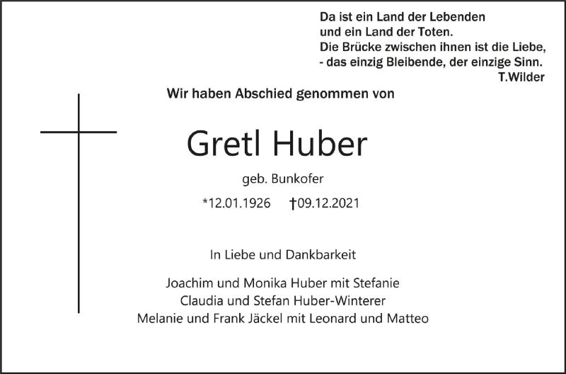  Traueranzeige für Gretl Huber vom 23.12.2021 aus Schwäbische Zeitung