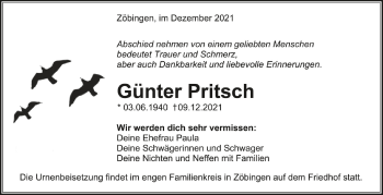 Anzeige von Günter Pritsch von Schwäbische Zeitung