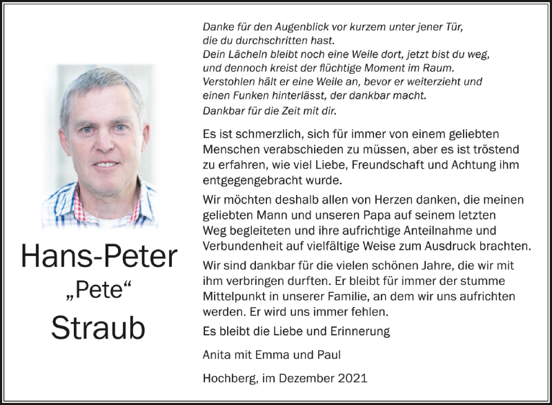  Traueranzeige für Hans-Peter Straub vom 18.12.2021 aus Schwäbische Zeitung
