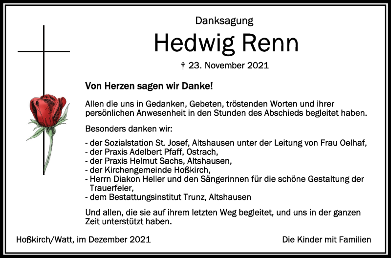  Traueranzeige für Hedwig Renn vom 03.12.2021 aus Schwäbische Zeitung