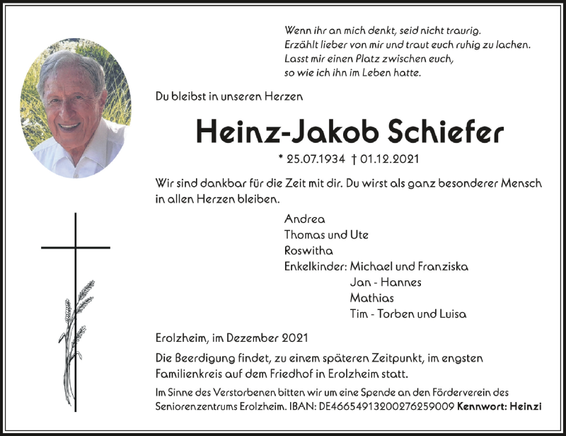  Traueranzeige für Heinz-Jakob Schiefer vom 07.12.2021 aus Schwäbische Zeitung