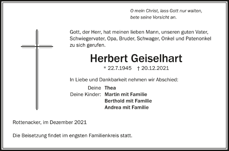  Traueranzeige für Herbert Geiselhart vom 28.12.2021 aus Schwäbische Zeitung