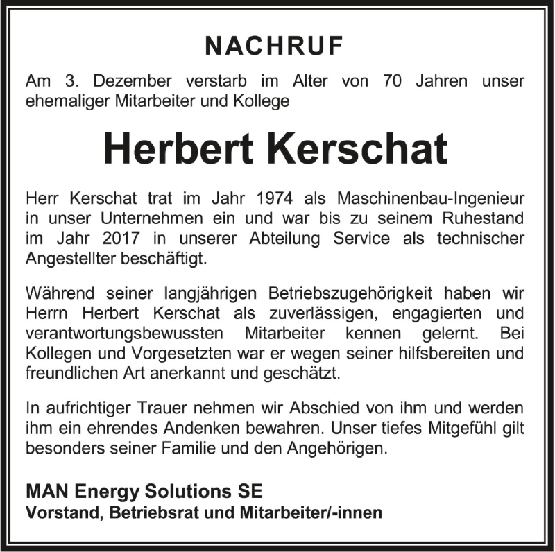  Traueranzeige für Herbert Kerschat vom 09.12.2021 aus Schwäbische Zeitung