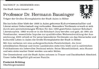 Anzeige von Hermann Bausinger von Schwäbische Zeitung