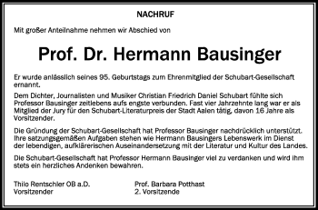 Anzeige von Hermann Bausinger von Schwäbische Zeitung