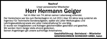 Anzeige von Hermann Geiger von Schwäbische Zeitung