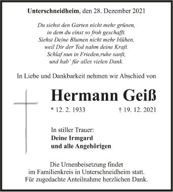 Anzeige von Hermann Geiß von Schwäbische Zeitung