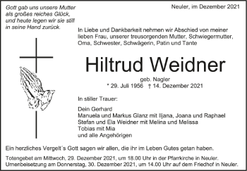 Anzeige von Hiltrud Weidner von Schwäbische Zeitung