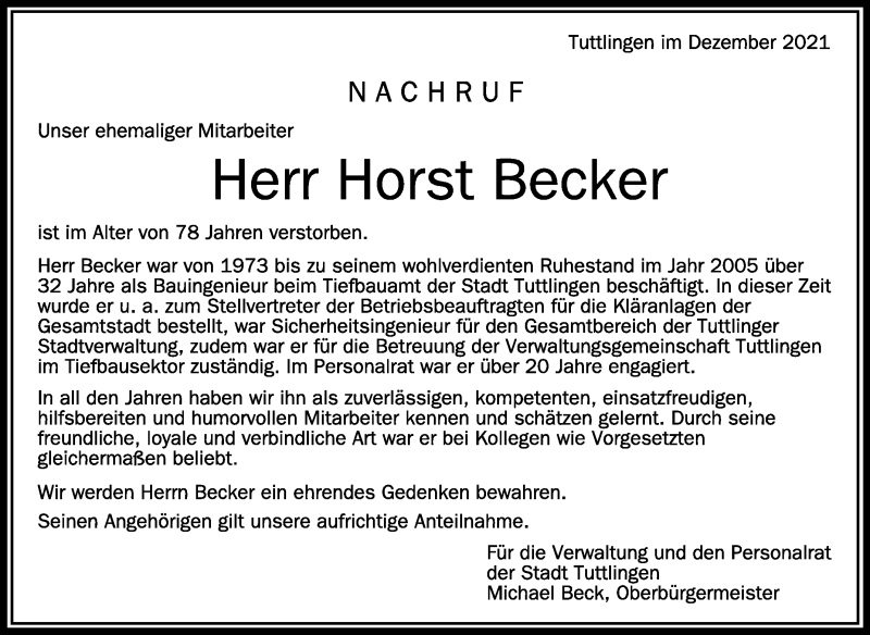  Traueranzeige für Horst Becker vom 08.12.2021 aus Schwäbische Zeitung