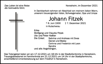 Anzeige von Johann Fitzek von Schwäbische Zeitung