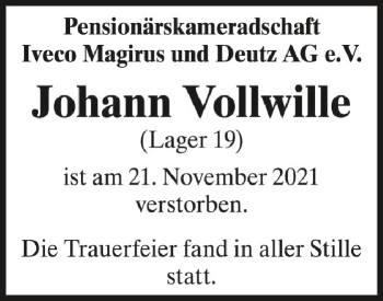 Anzeige von Johann Vollwille von Schwäbische Zeitung