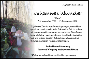 Anzeige von Johannes Wunder von Schwäbische Zeitung