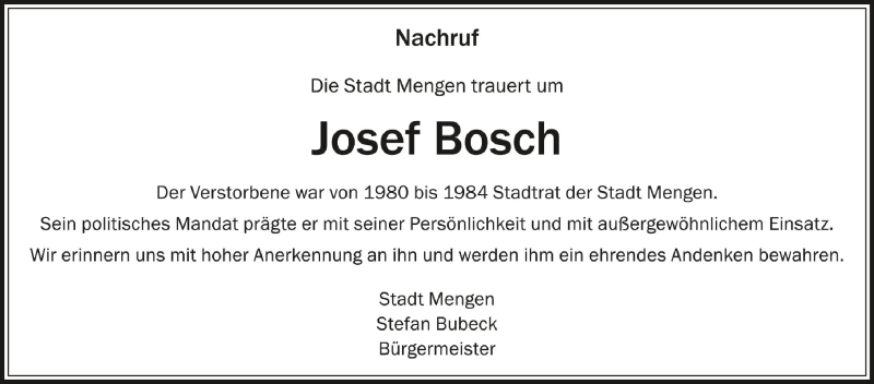  Traueranzeige für Josef Bosch vom 03.12.2021 aus Schwäbische Zeitung
