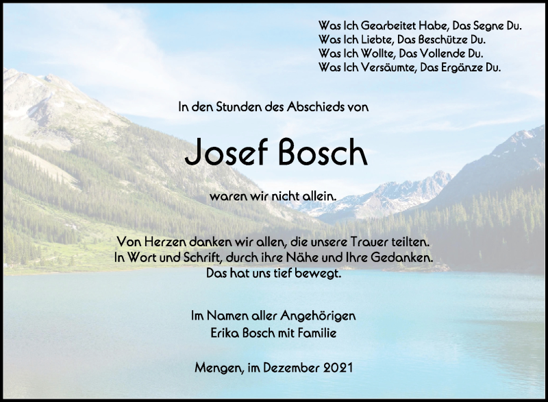  Traueranzeige für Josef Bosch vom 18.12.2021 aus Schwäbische Zeitung