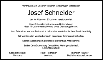 Anzeige von Josef Schneider von Schwäbische Zeitung