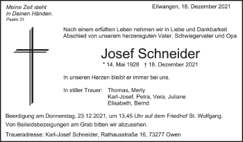 Anzeige von Josef Schneider von Schwäbische Zeitung