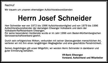 Anzeige von Josef Schneider von Schwäbische Zeitung