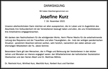 Anzeige von Josefine Kurz von Schwäbische Zeitung