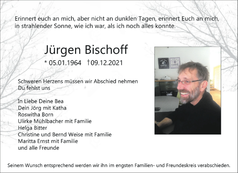  Traueranzeige für Jürgen Bischoff vom 16.12.2021 aus Schwäbische Zeitung