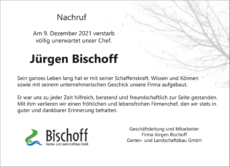  Traueranzeige für Jürgen Bischoff vom 17.12.2021 aus Schwäbische Zeitung