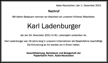 Anzeige von Karl Ladenburger von Schwäbische Zeitung