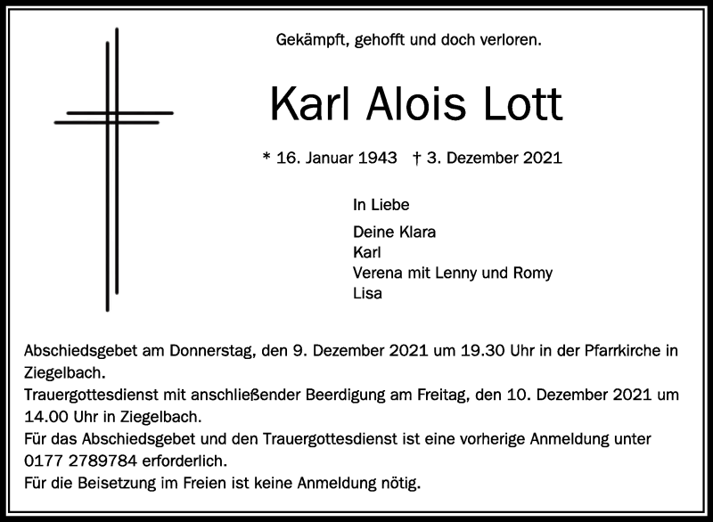  Traueranzeige für Karl Alois Lott vom 07.12.2021 aus Schwäbische Zeitung