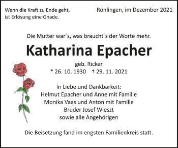 Anzeige von Katharina Epacher von Schwäbische Zeitung