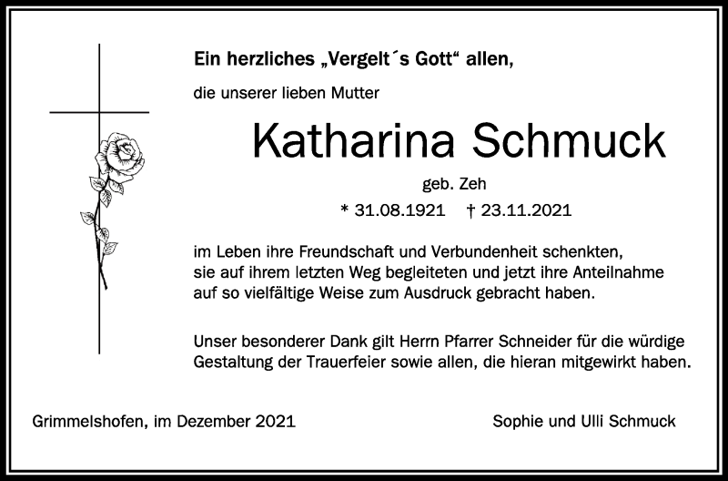  Traueranzeige für Katharina Schmuck vom 11.12.2021 aus Schwäbische Zeitung