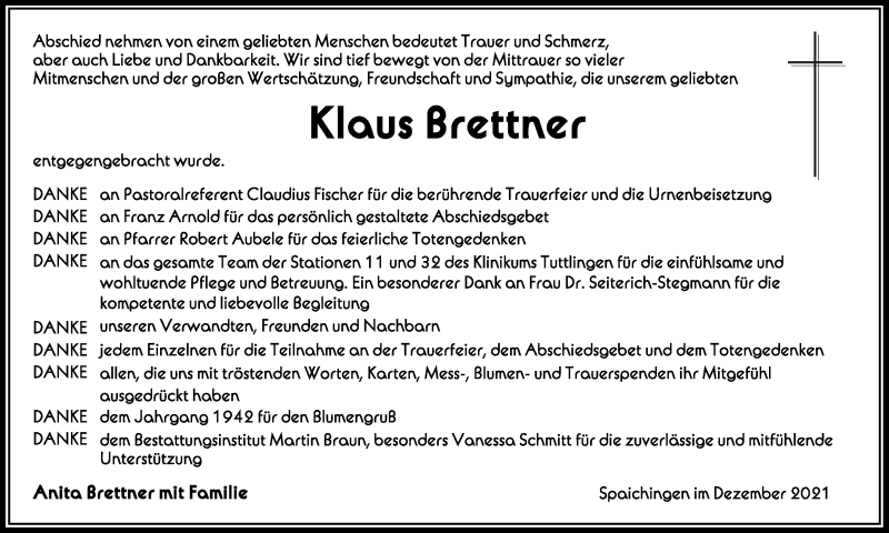  Traueranzeige für Klaus Brettner vom 29.12.2021 aus Schwäbische Zeitung