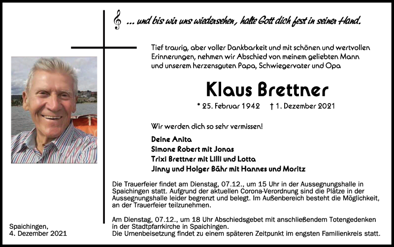  Traueranzeige für Klaus Brettner vom 04.12.2021 aus Schwäbische Zeitung