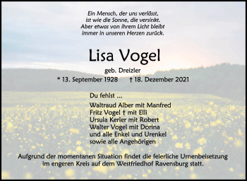 Anzeige von Lisa Vogel von Schwäbische Zeitung