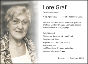 Anzeige von Lore Graf von Schwäbische Zeitung