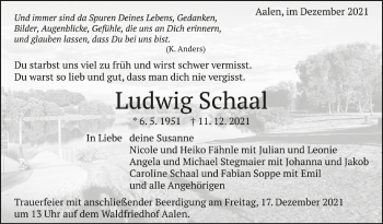 Anzeige von Ludwig Schaal von Schwäbische Zeitung