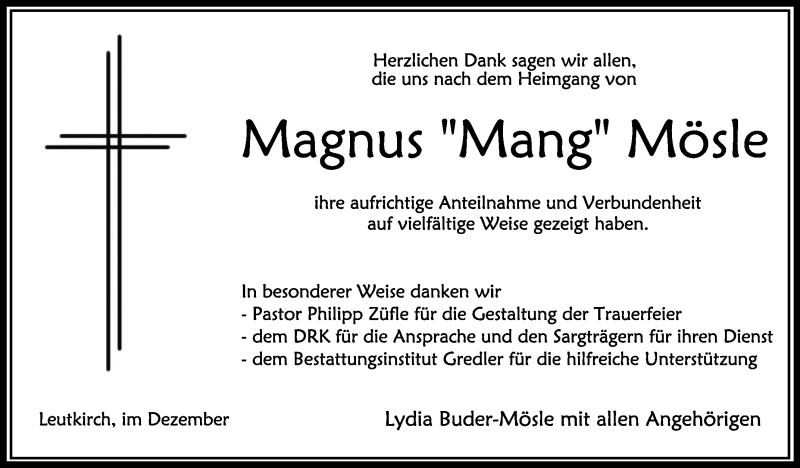  Traueranzeige für Magnus  Mösle vom 22.12.2021 aus Schwäbische Zeitung