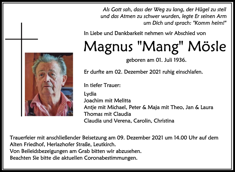 Traueranzeige für Magnus  Mösle vom 07.12.2021 aus Schwäbische Zeitung