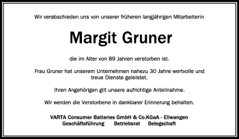 Anzeige von Margit Gruner von Schwäbische Zeitung