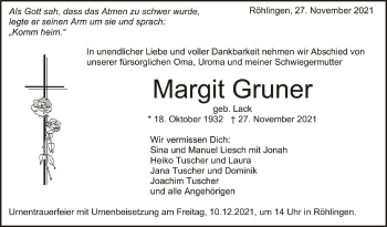 Anzeige von Margit Gruner von Schwäbische Zeitung