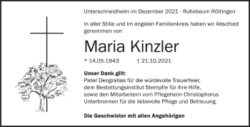 Anzeige von Maria Kinzler von Schwäbische Zeitung