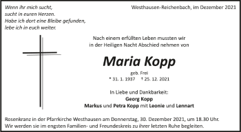 Anzeige von Maria Kopp von Schwäbische Zeitung