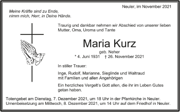 Anzeige von Maria Kurz von Schwäbische Zeitung